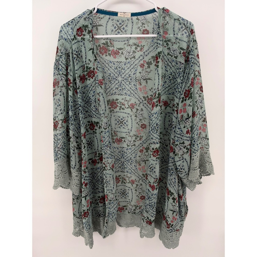 Mason & Belle Women's Kimono Sage Green Floral Crochet Lace Open Front Topper